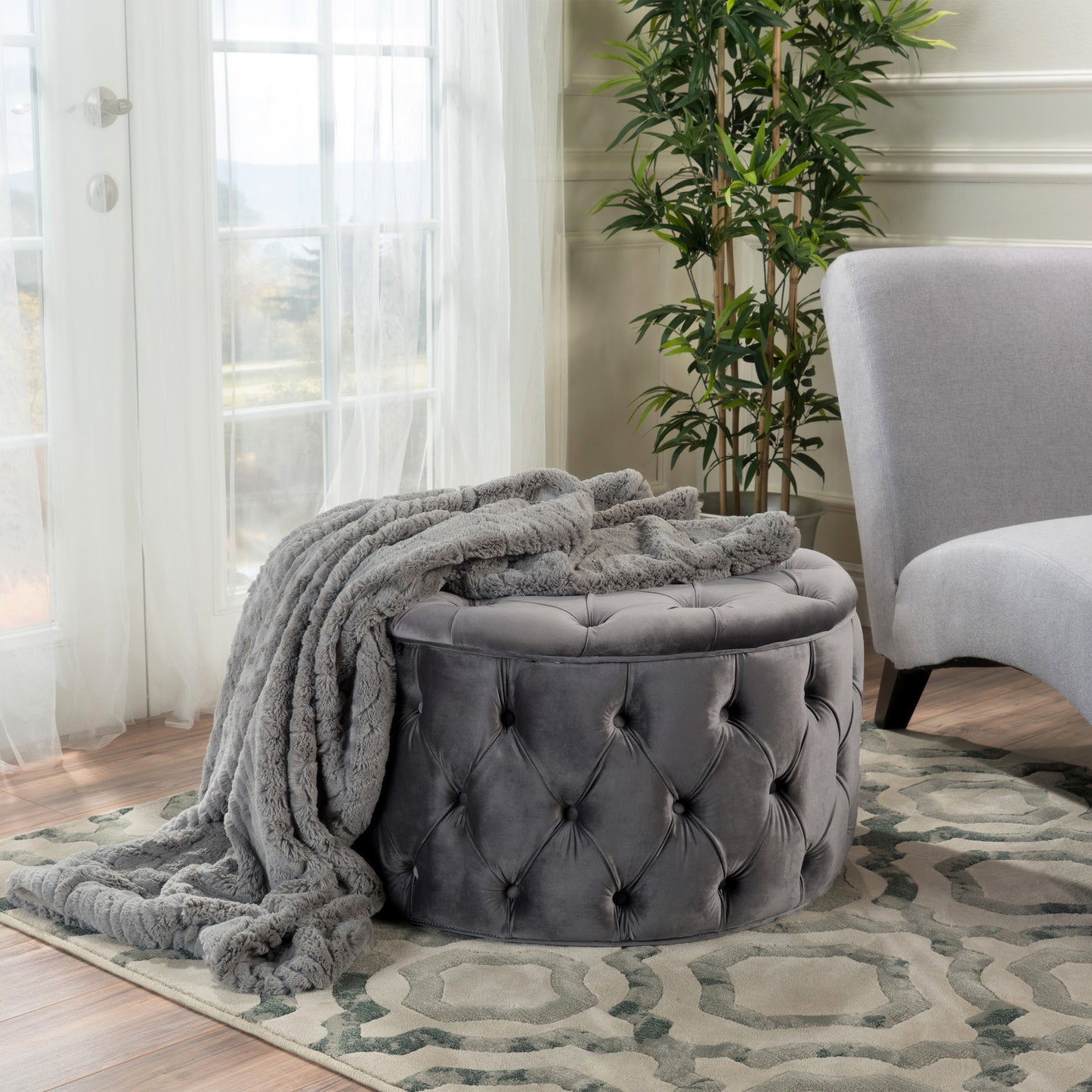 Grey Velvet Footstool - 29.5" Ottoman for Bedroom
