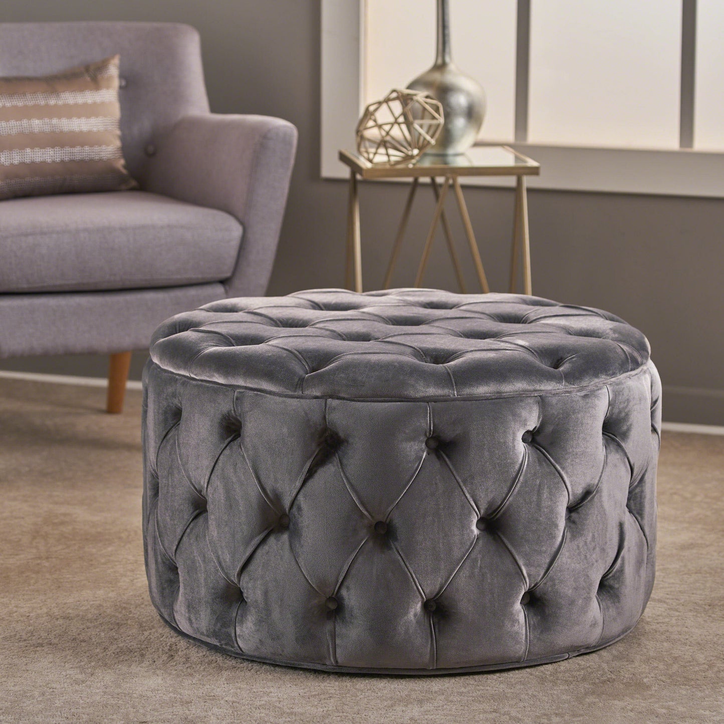 Grey Velvet Footstool - 29.5" Ottoman for Bedroom