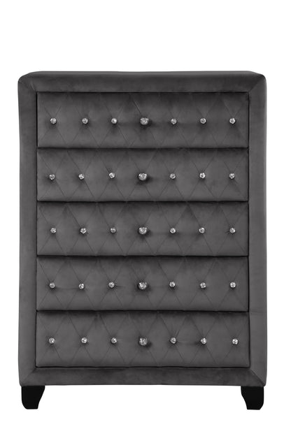 Sophia Modern Style Crystal Tufted Upholstery 5-Drawer Chest finished with Velvet Fabric made with Wood in Gray