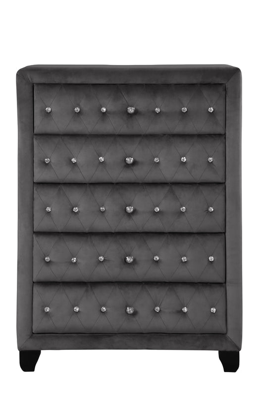 Sophia Modern Style Crystal Tufted Upholstery 5-Drawer Chest finished with Velvet Fabric made with Wood in Gray