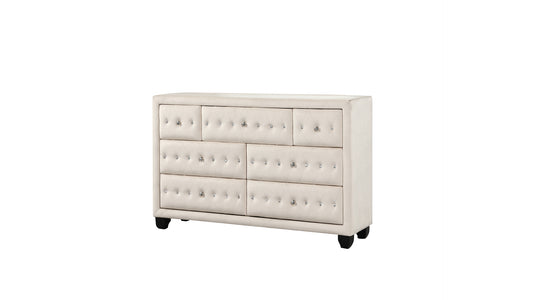 Sophia Modern Style Crystal Tufted Upholstery 7-Drawer Dresser finished with Velvet Fabric made with Wood in Cream