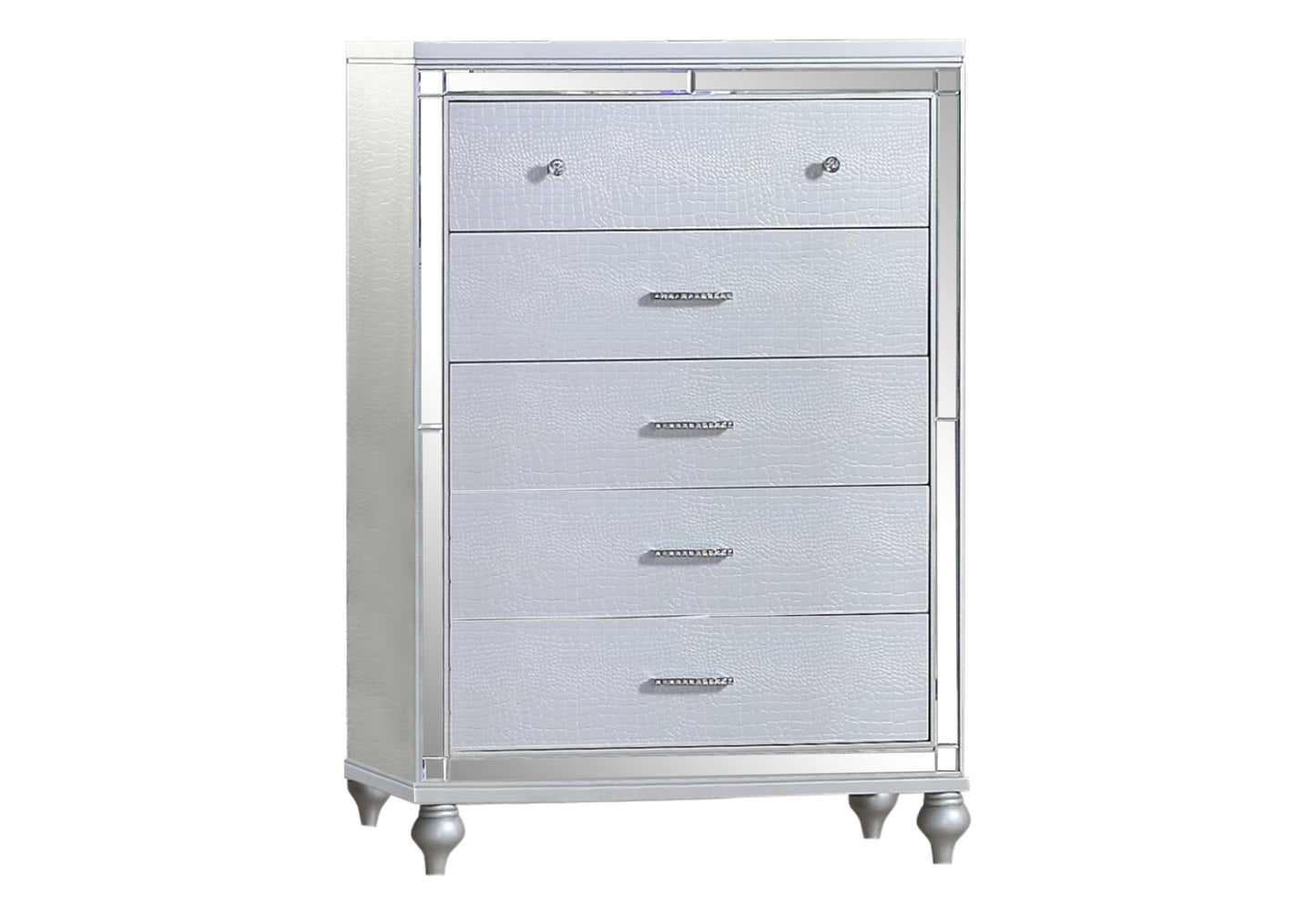 Sterling Mirror Framed 5-Drawer Chest Made With Wood in Silver Color