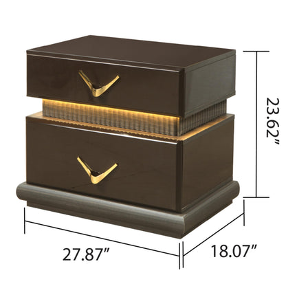 Brown Modern 2 Drawer Nightstand with LED Lights