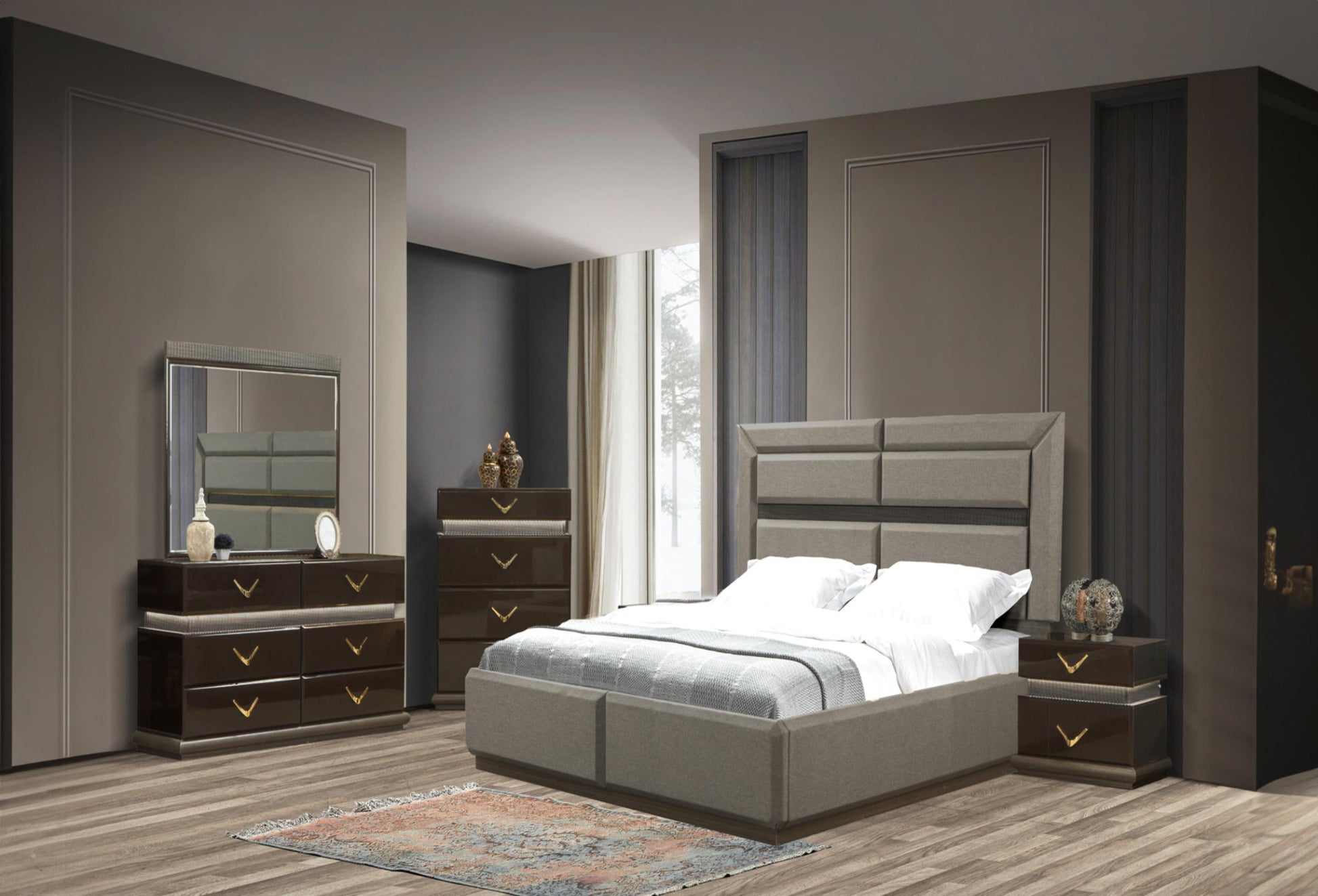 Brown Modern 2 Drawer Nightstand with LED Lights