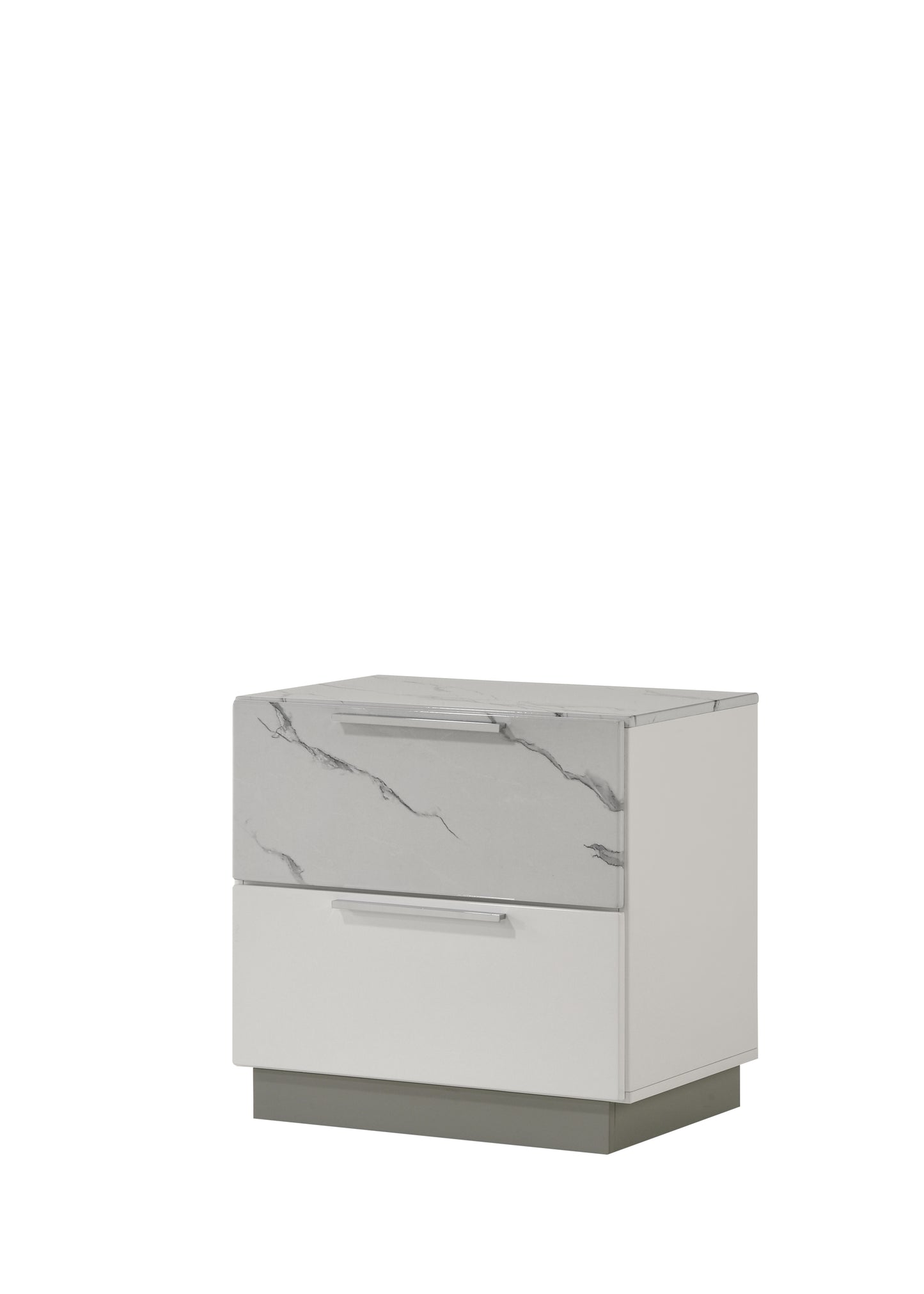 Mist Nightstand – Two-Tone High-Gloss Marble & Lacquer Finish with Two Drawers, Velvet-Lined Interior, and a Compact Elegant Design