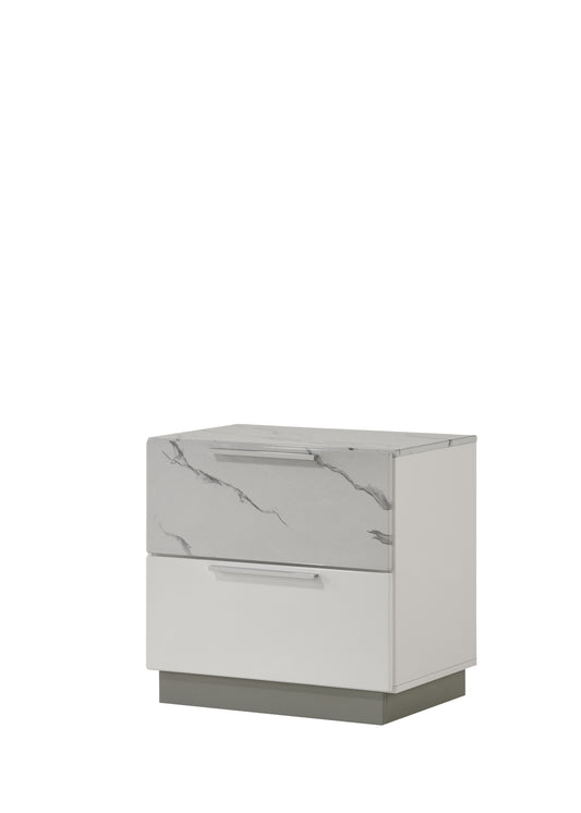 Mist Nightstand – Two-Tone High-Gloss Marble & Lacquer Finish with Two Drawers, Velvet-Lined Interior, and a Compact Elegant Design