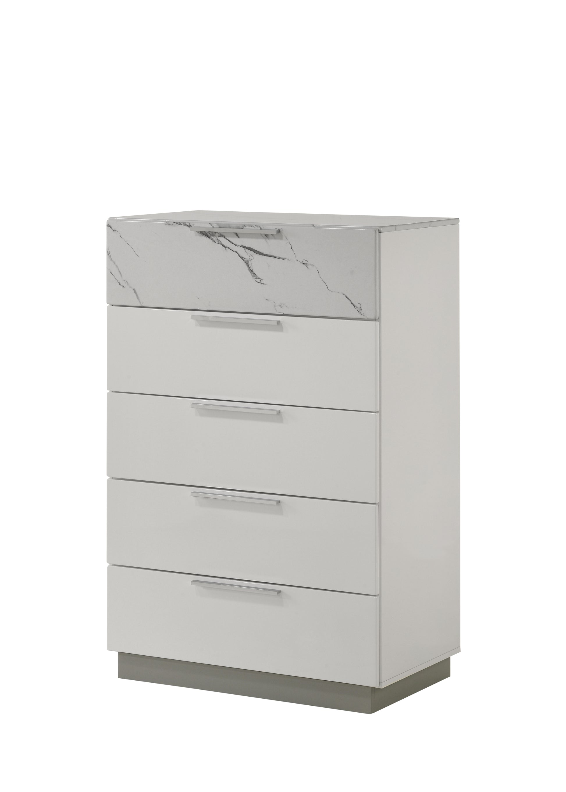 Mist Chest White – Two-Tone High-Gloss Marble & Lacquer Finish with Five Smooth-Glide Drawers, Velvet-Lined Top Drawer