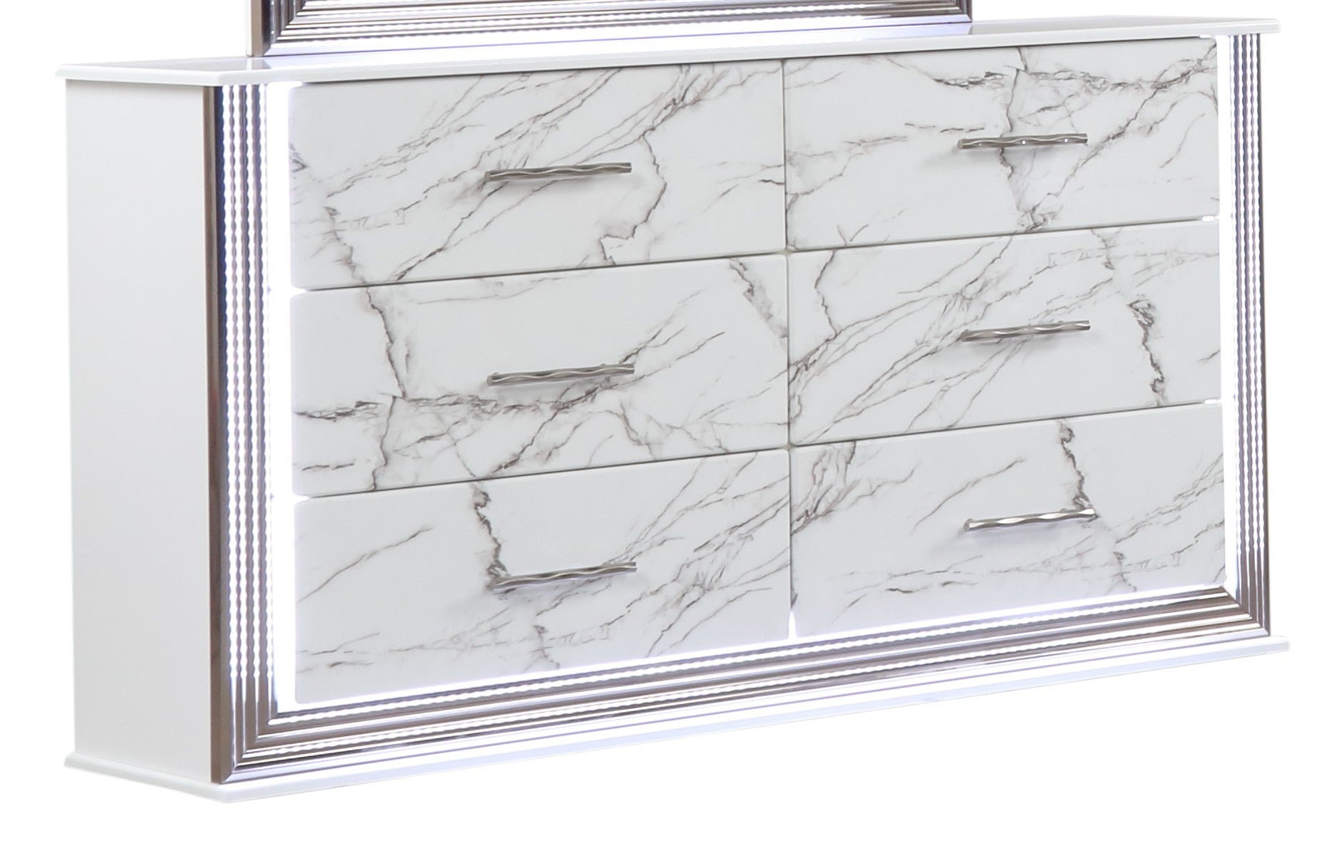 Desire Dresser Marble Patterned Drawer Fronts with Sleek White Finish, Metallic Handle and Six Spacious Drawers for Elegant Bedroom Storage (INCLUDES ONLY DRESSER)