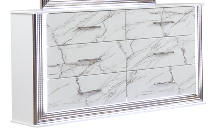 Desire Dresser Marble Patterned Drawer Fronts with Sleek White Finish, Metallic Handle and Six Spacious Drawers for Elegant Bedroom Storage (INCLUDES ONLY DRESSER)