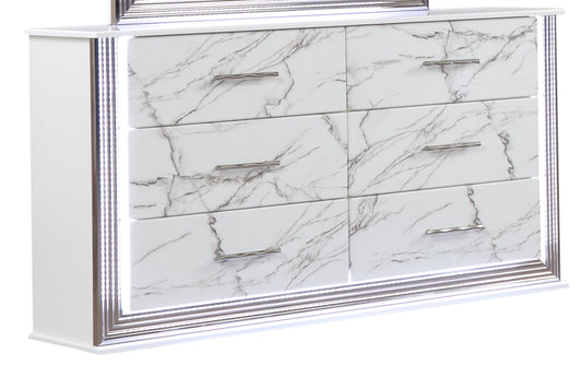 Desire Dresser Marble Patterned Drawer Fronts with Sleek White Finish, Metallic Handle and Six Spacious Drawers for Elegant Bedroom Storage (INCLUDES ONLY DRESSER)