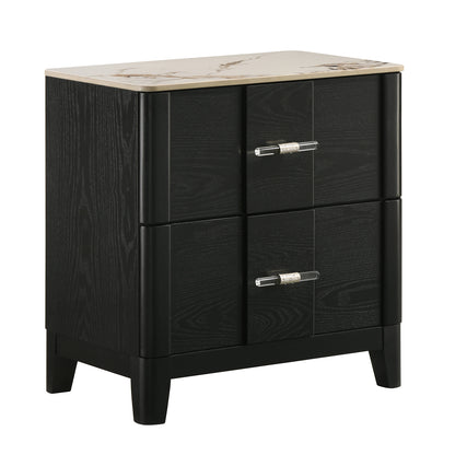 Opel Modern Nightstand with Sintered Stone Top & Smooth Drawer Glides in Black