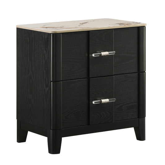 Opel Modern Nightstand with Sintered Stone Top & Smooth Drawer Glides in Black