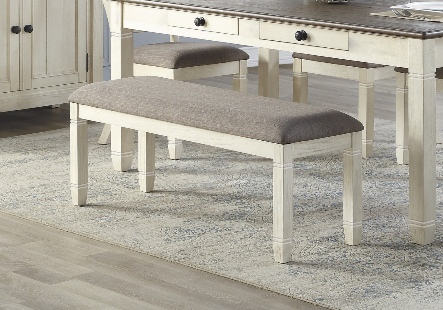 Antique White Finish 1pc 48-inch Bench Upholstered Seat Textured Fabric Wooden Dining Kitchen Furniture