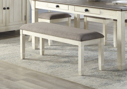 Antique White Finish 1pc 48-inch Bench Upholstered Seat Textured Fabric Wooden Dining Kitchen Furniture