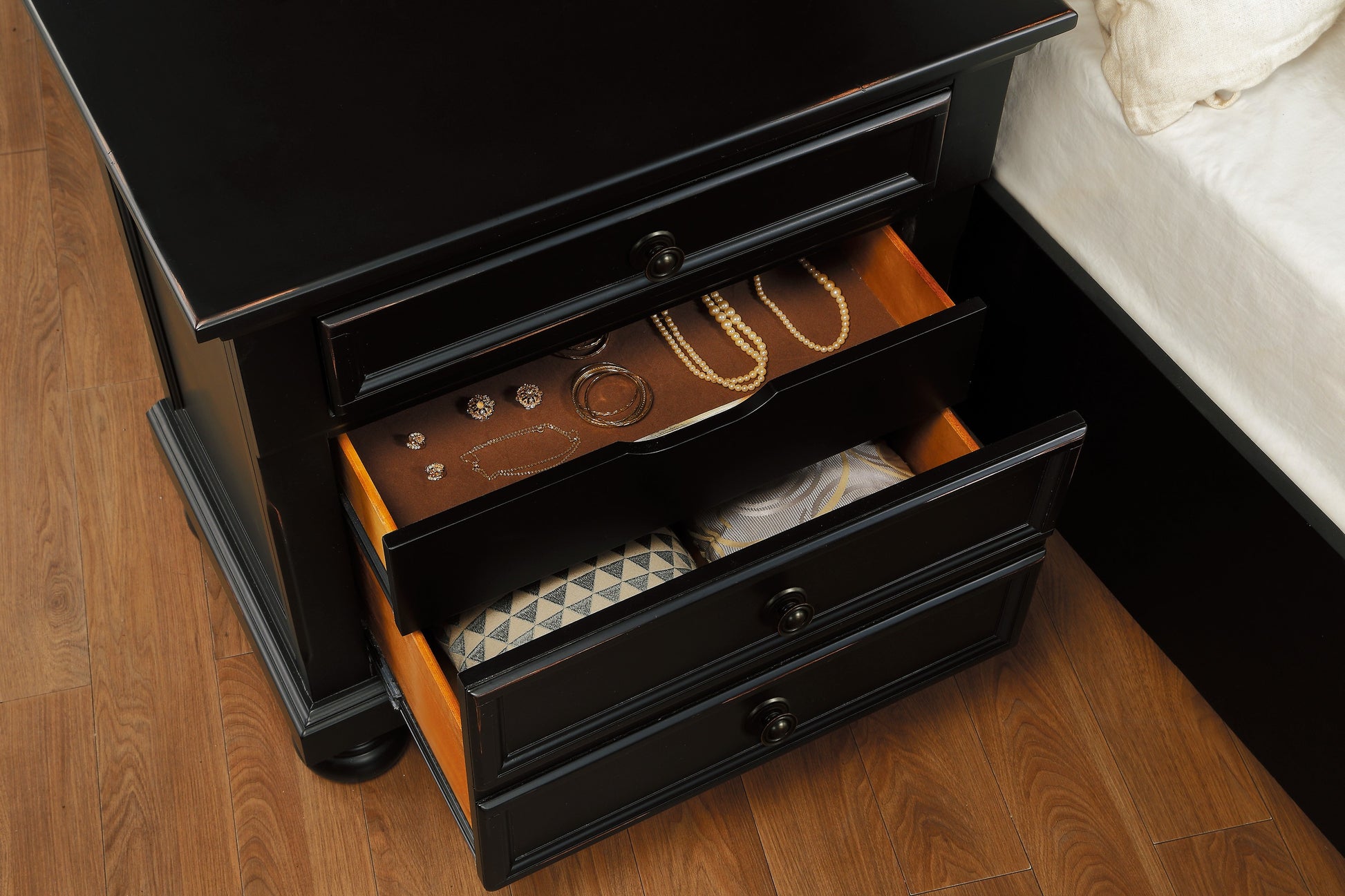 Black Wood Nightstand with 2 Drawers - Bedroom Side Table