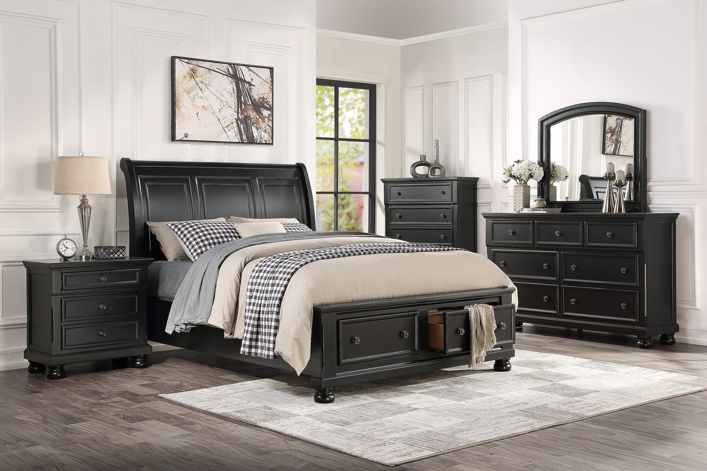 Black Wood Nightstand with 2 Drawers - Bedroom Side Table