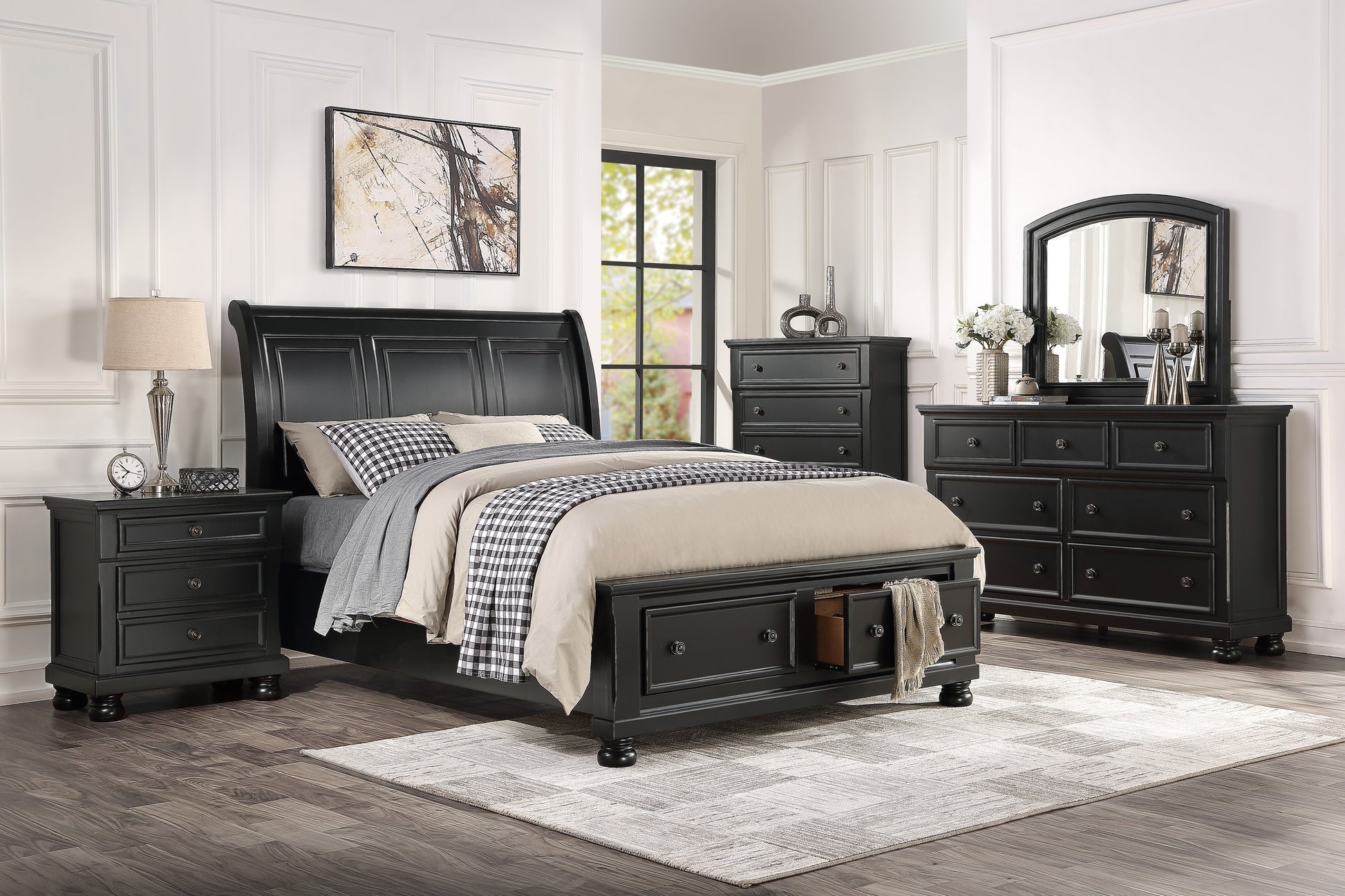 Black Wood Nightstand with 2 Drawers - Bedroom Side Table