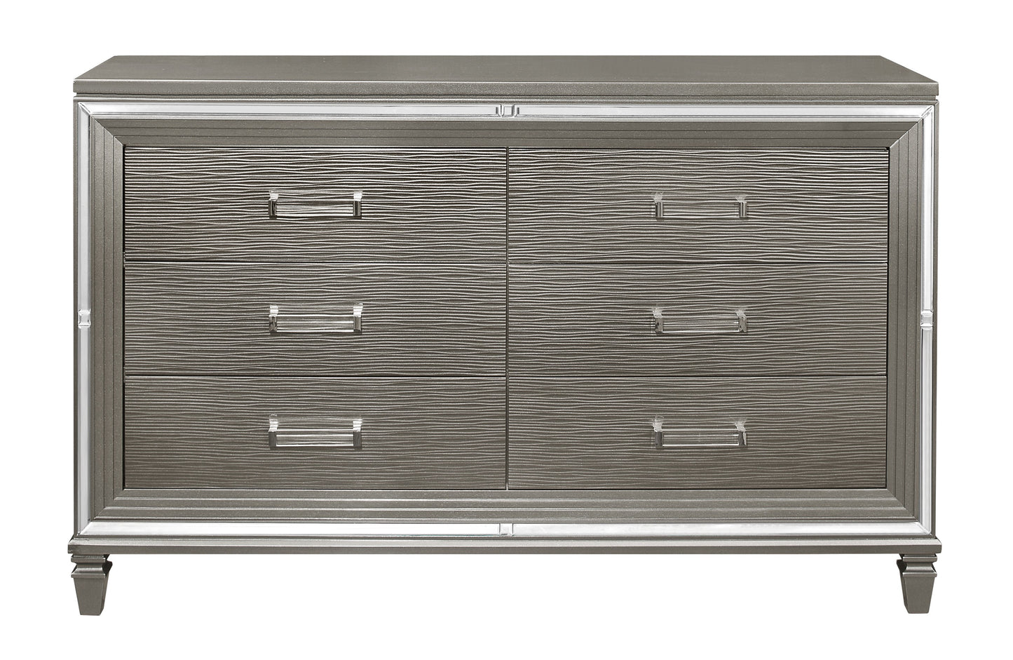 Silver Gray Metallic Finish Glam Style Dresser of 6 Drawers Wooden 1pc Modern Bedroom Furniture Acrylic Hardware Beveled Mirror Trim