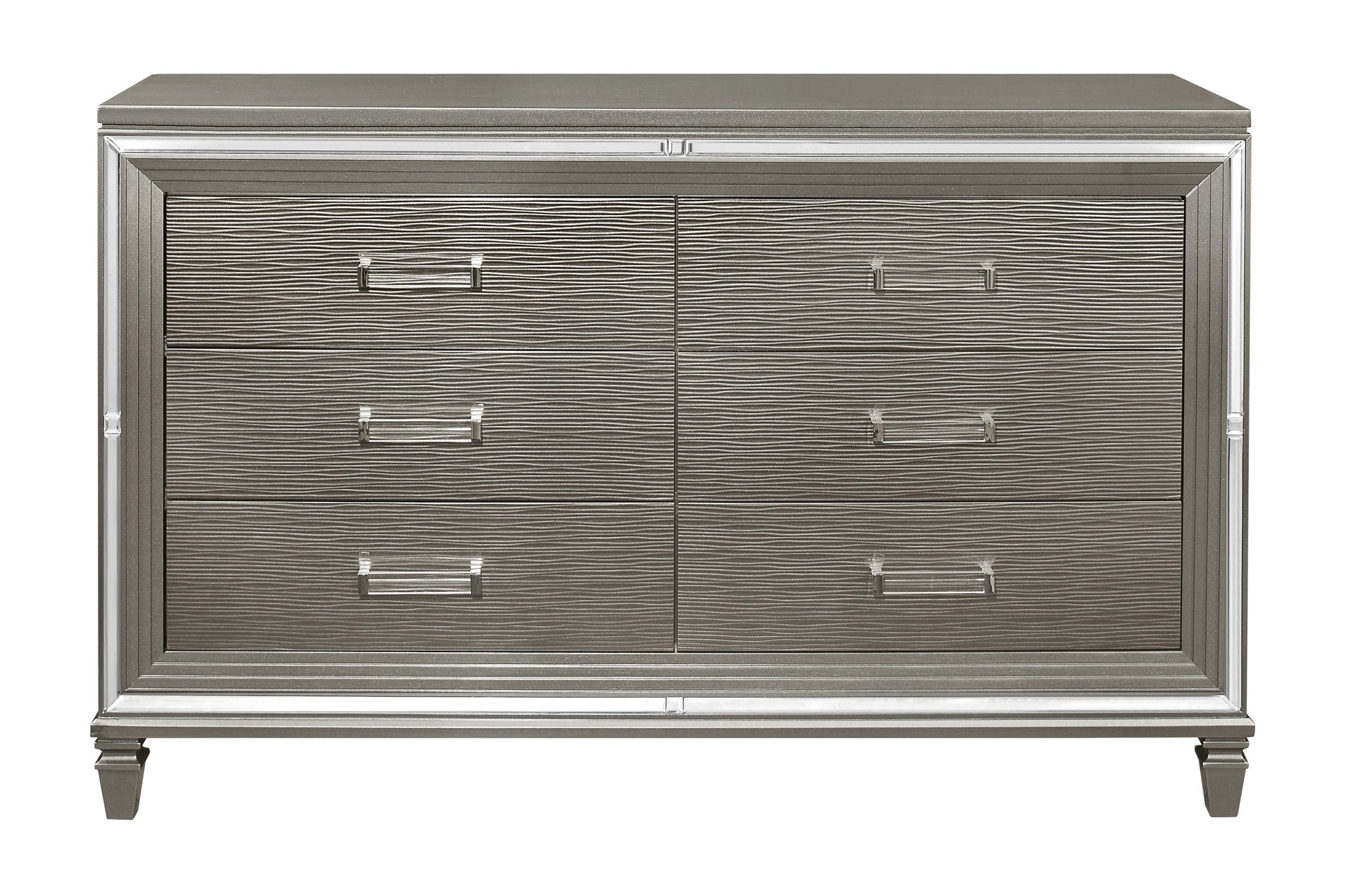 Silver Gray Metallic Finish Glam Style Dresser of 6 Drawers Wooden 1pc Modern Bedroom Furniture Acrylic Hardware Beveled Mirror Trim