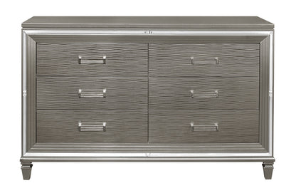Silver Gray Metallic Finish Glam Style Dresser of 6 Drawers Wooden 1pc Modern Bedroom Furniture Acrylic Hardware Beveled Mirror Trim