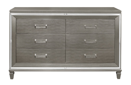 Silver Gray Metallic Finish Glam Style Dresser of 6 Drawers Wooden 1pc Modern Bedroom Furniture Acrylic Hardware Beveled Mirror Trim