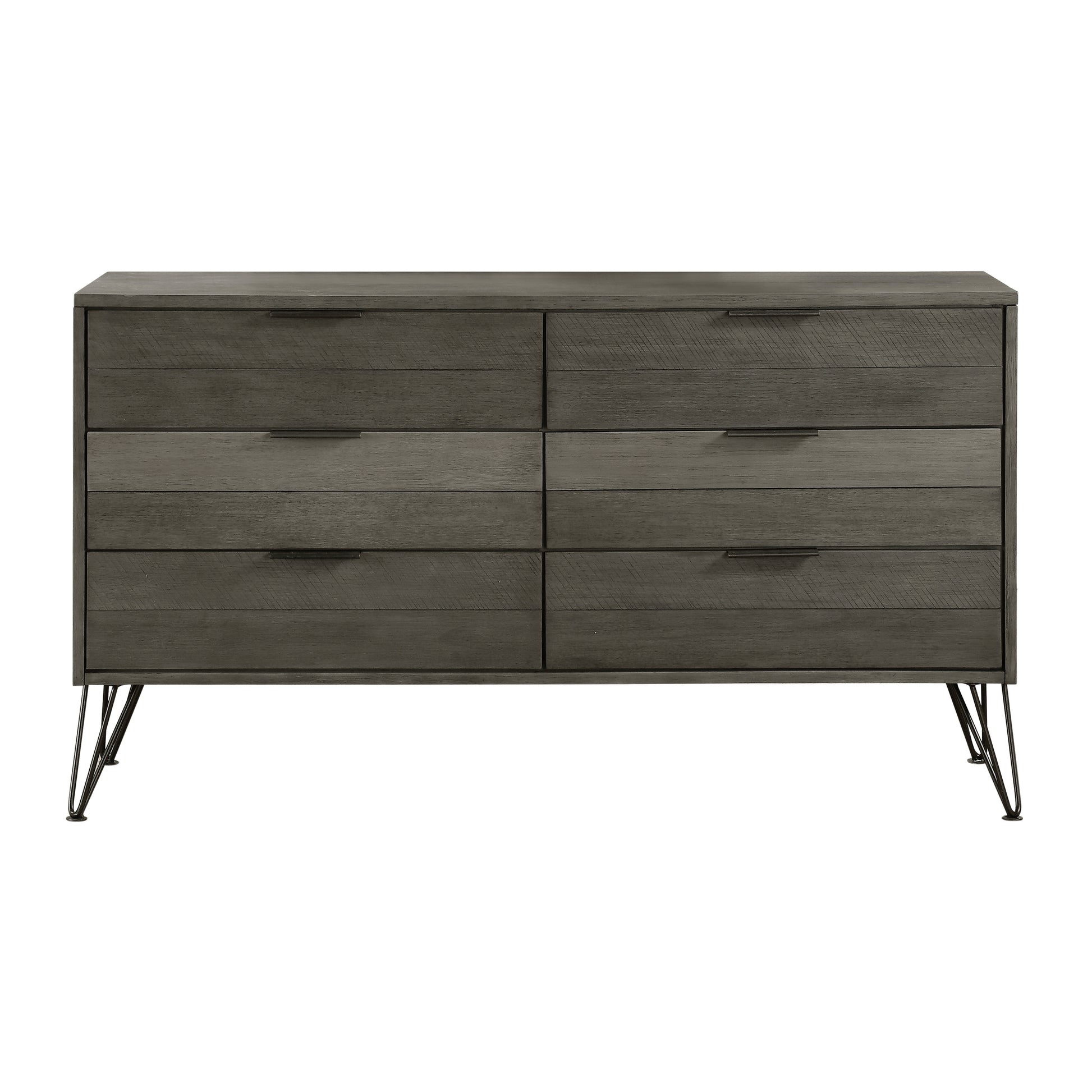 Contemporary Dresser of 6x Storage Drawers Solid Acacia Wood Metal Legs Slat Design Paneling 3-tone Gray Finish Bedroom Furniture 1pc