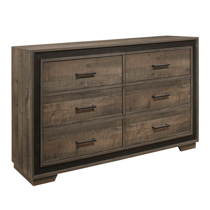 Rustic Dark Ebony Finish Dresser - 6 Drawers Wood for Bedroom