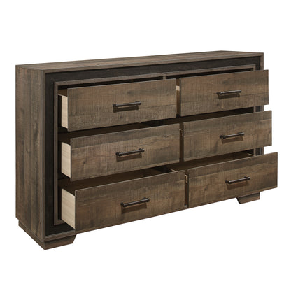 Rustic Dark Ebony Finish Dresser - 6 Drawers Wood for Bedroom