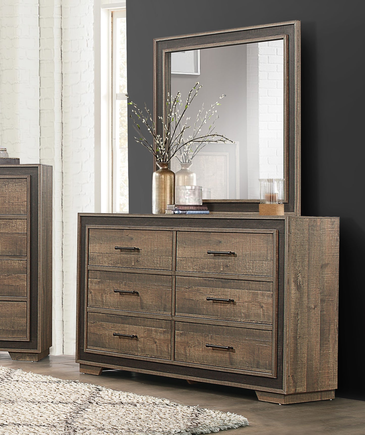 Rustic Dark Ebony Finish Dresser - 6 Drawers Wood for Bedroom