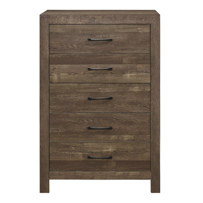 Simple Look Rustic Brown Finish 1pc Chest of 5x Drawers Black Metal Hardware Bedroom Furniture