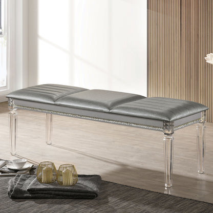 Antique Classic Silver 1pc Bench Only Contemporary Solid wood Acrylic Legs Crystal And Mirror Accent