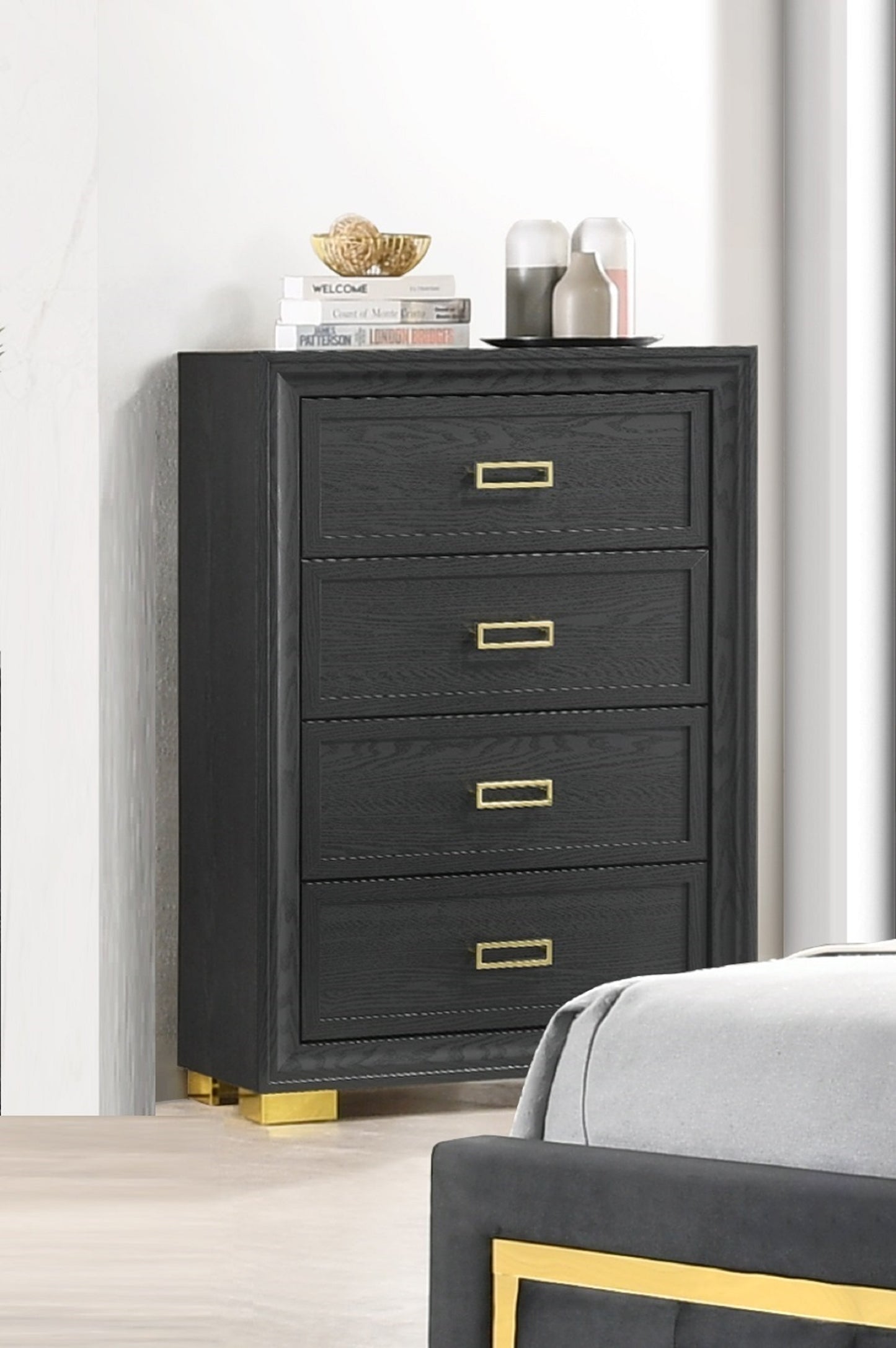 Glamorous 1pc Modern Glam Style 4-Drawer Chest Dark Gray Gold Finish Gold-colored Hardware Bedroom Furniture