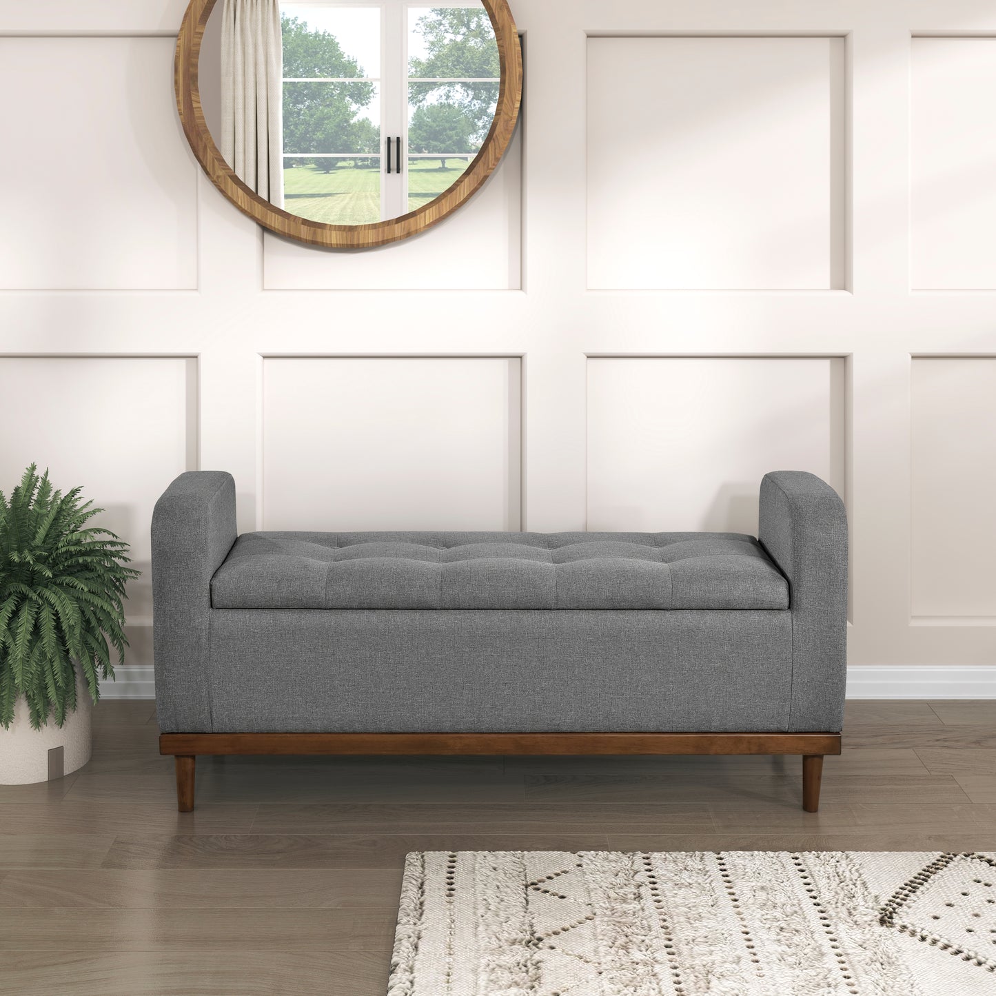 Mid-Century Modern Storage Bench for Bedroom with Flip Top Wood Finish
