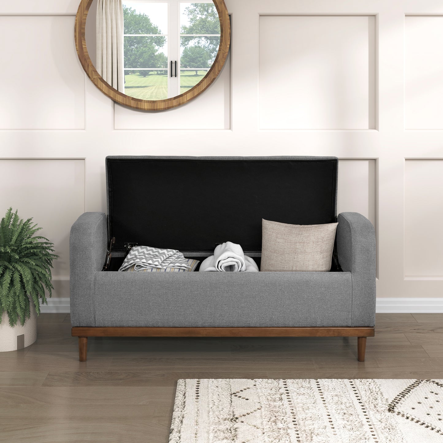 Mid-Century Modern Storage Bench for Bedroom with Flip Top Wood Finish