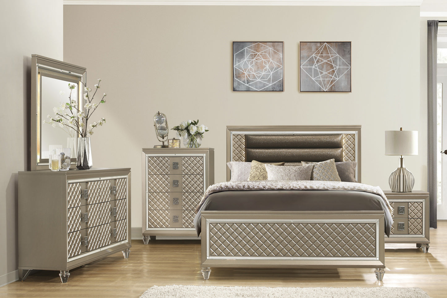 Champagne Wood Bedside Cabinet with 2 Drawers for Bedroom
