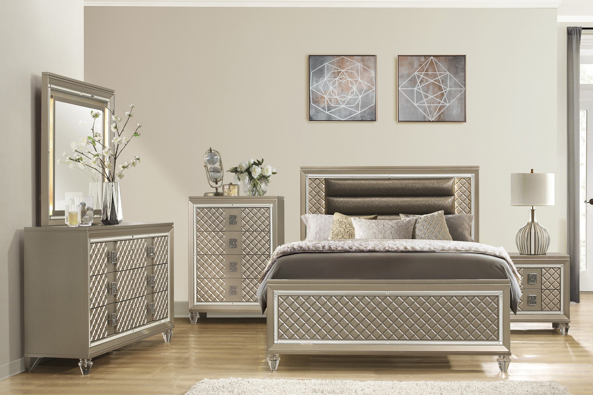 Champagne Wood Bedside Cabinet with 2 Drawers for Bedroom