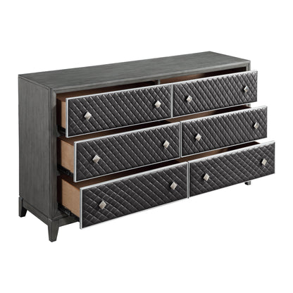 Modern Gray Dresser - 6 Drawers, Faux Leather Upholstery