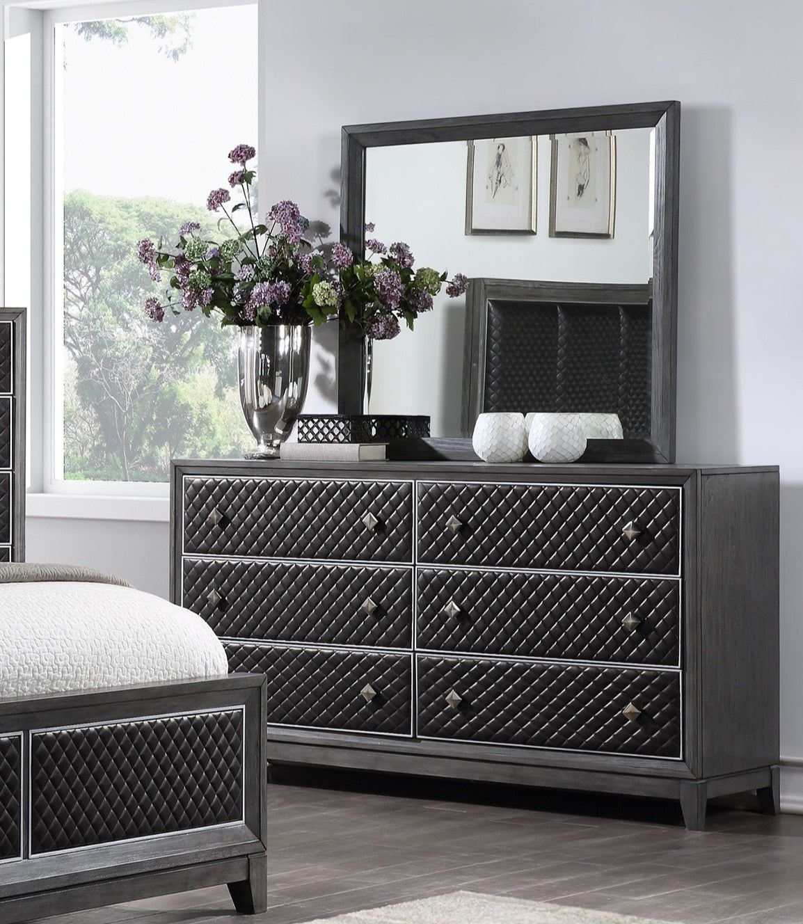 Modern Gray Dresser - 6 Drawers, Faux Leather Upholstery