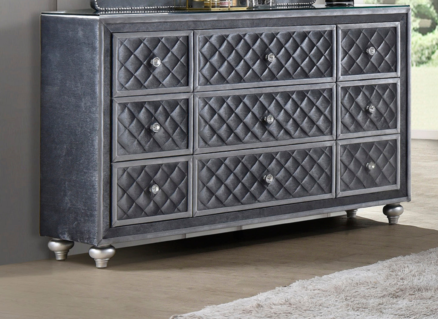 Gray 9-Drawer Dresser - Bedroom Glam Furniture
