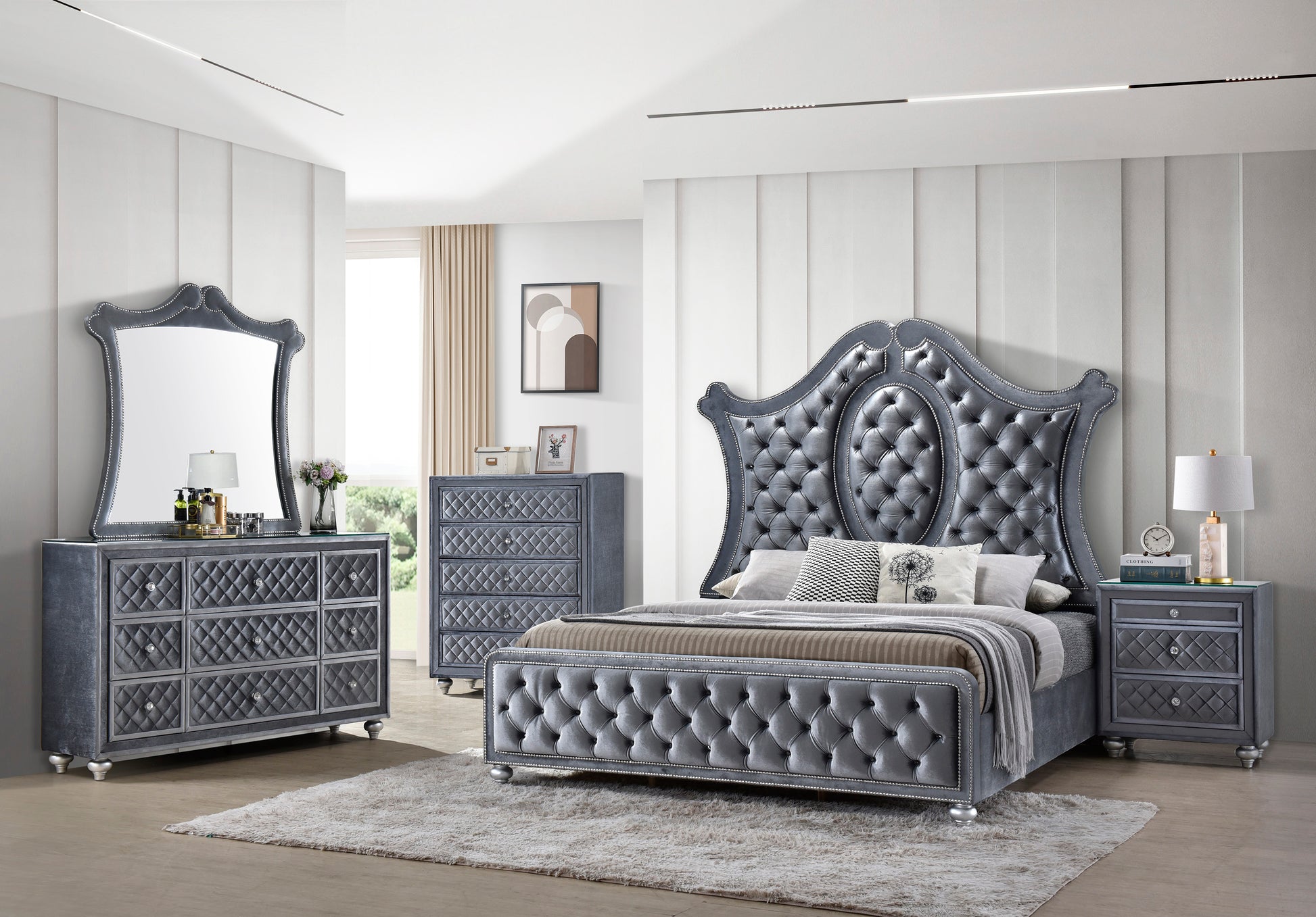Gray 9-Drawer Dresser - Bedroom Glam Furniture