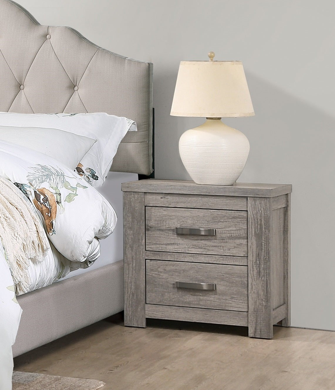 Light Grey Bedroom Nightstand - 2 Drawers Solidwood