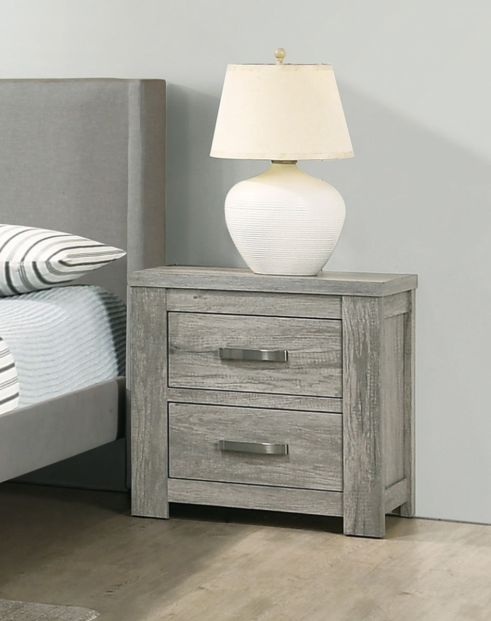 Light Grey Bedroom Nightstand - 2 Drawers Solidwood