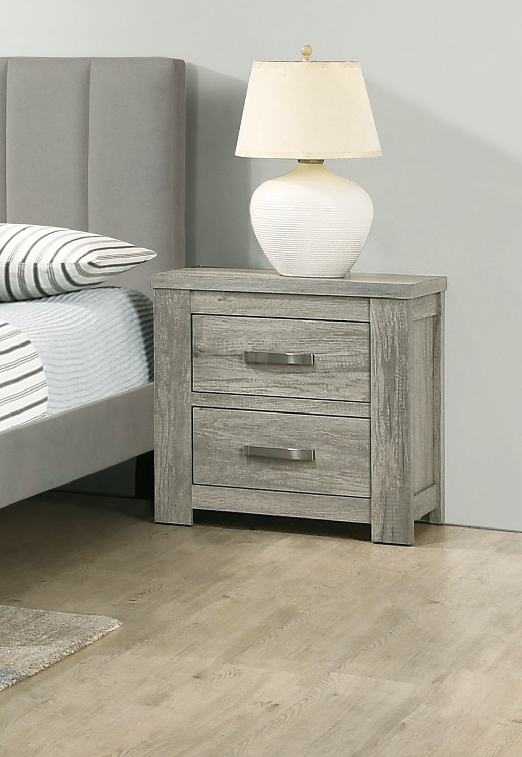 Light Grey Bedroom Nightstand - 2 Drawers Solidwood