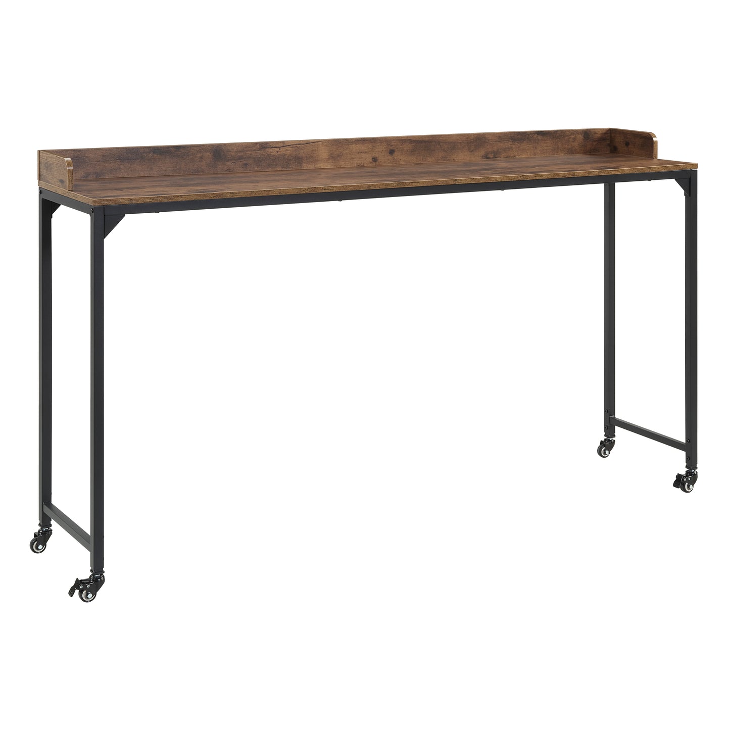 Rustic Brown Wood Finish Multipurpose Over the Bed Desk with Adjustable Height, Metal Legs with Casters, Overbed Table 1pc, Laptop Table for Bed, Breakfast Table