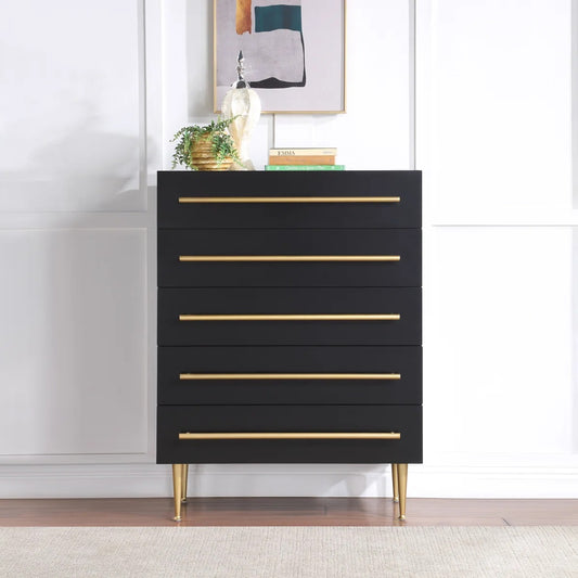 Contemporary 5-Drawer Chest with Gold Accent, 1 Piece Drawer Dresser for Bedroom, Wooden Storage Unit, Black