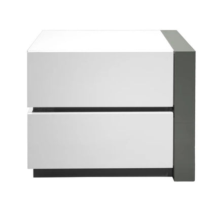 Modern Lacquer Nightstand Table with 2 Drawer for Bedroom Living Room, Wooden Bedside Table, White/Silver