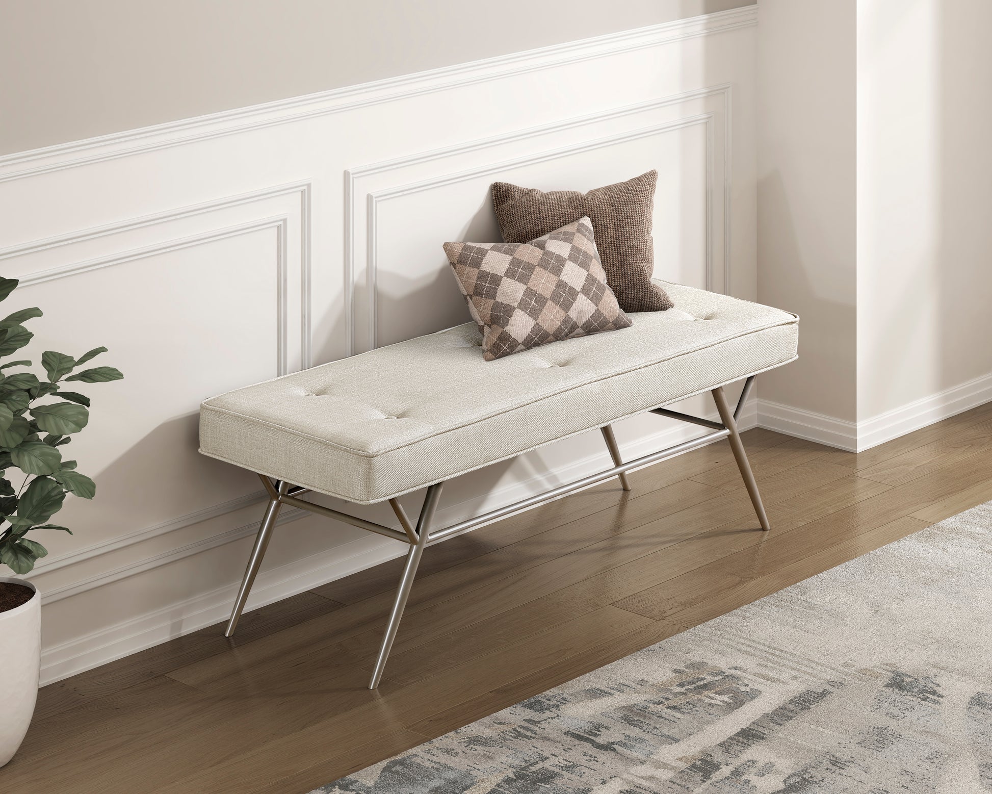 Upholstered Bench - Beige Champagne Metal Legs