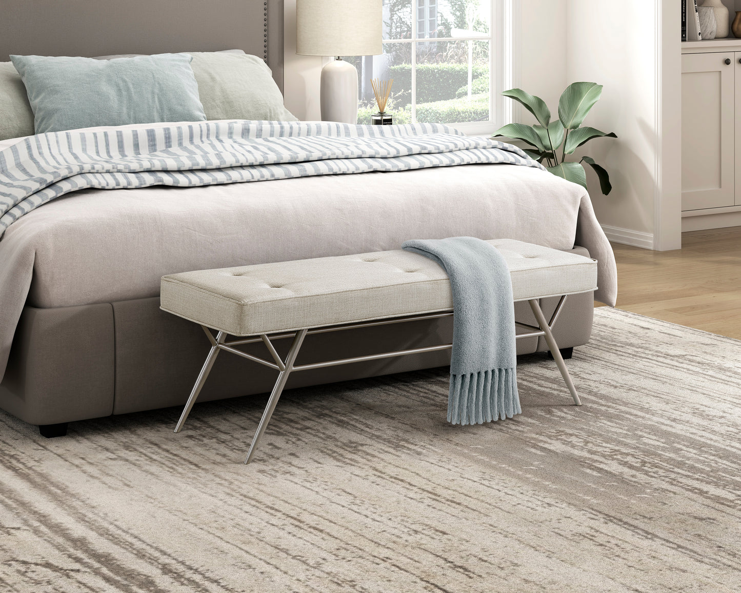 Upholstered Bench - Beige Champagne Metal Legs