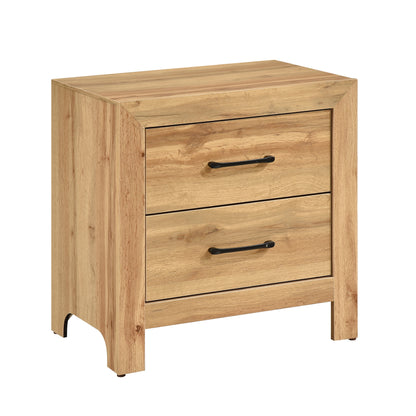 Natural Finish 2-Drawers Nightstand Storage Bedroom Furniture, Black Handles Bedside Table 1pc