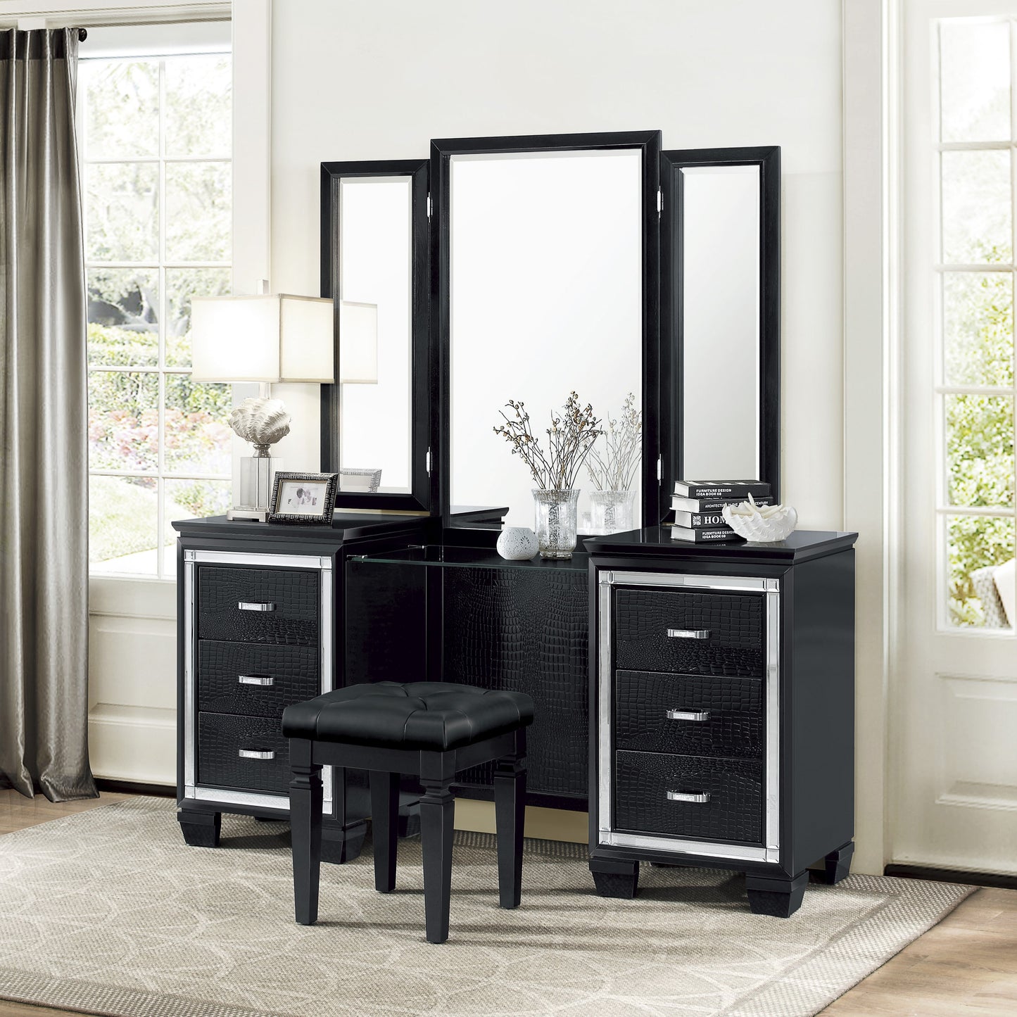Black Wood Vanity Stool - Bedroom Glam Seat